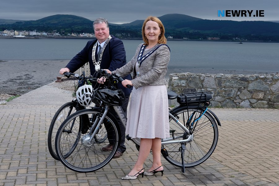 Cllr Roisin Mulgrew at the opening of the local stretch of the Carlingford Lough Greenway with the Cathaoirleach of Louth County Council.