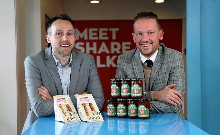 Ballymaloe Foods created a bespoke relish jar label as a thank you to Around Noon and to mark a landmark in the firms’ relationship. To date, Ballymaloe Foods has supplied Around Noon with over 42 tonnes of relish that has been used in over 4 million sandwiches. Donnacha Ryan, Foodservice Manager, Ballymaloe Foods, is pictured presenting the bespoke jars to Gareth Chambers, CEO of Around Noon.