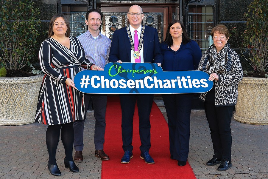 Newry, Mourne and Down District Council Chairperson, Councillor Michael Savage launches the Chairperson’s Charity Ball to support his Chosen Charities. Pictured with (L to R) Kirsten Hewitt, Director of Services Simon Community; Darran McQuoid, Secretary Suicide Down to Zero; Ciara Cunningham, Communications Manager Southern Area Hospice and Mary Waide, North Regional President Society of St. Vincent De Paul.