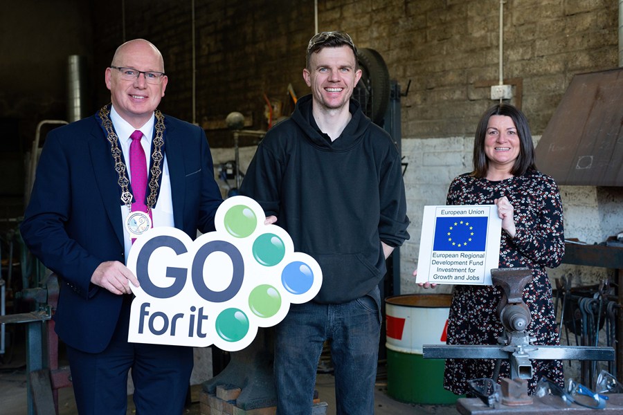 Cllr Michael Savage, Chair of Newry, Mourne and Down District Council pictured with Robert Galbraith from Watershed Forge and Joan O’Hara from Down Business Centre.