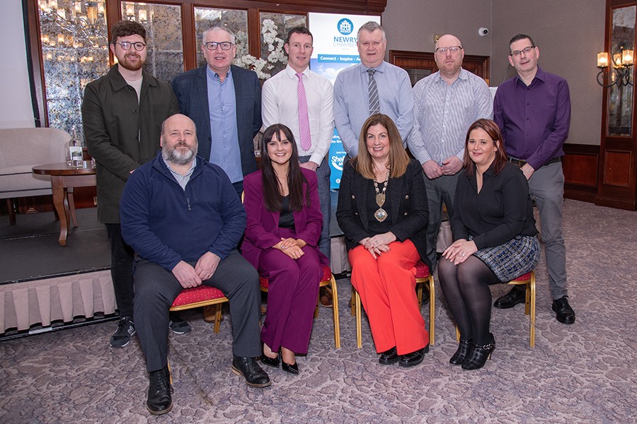 Pictured at Newry Chambers Meet the Media event. Front from left: Paul Welsh, Newry Reporter; Ursula Savage, Deputy CEO, Newry Chamber; Julie Gibbons, President, Newry Chamber and Diane Burke, National World. Back: Jarlath Meehan, Newry Chamber; Peter Bain, NEwry Democrat; John Clarke, Q Radio; Gary McDonald, Irish News; Peter McVerry, U105 and Columba O'Hare, Newry.ie. Photograph: Raphael Mason Photography
