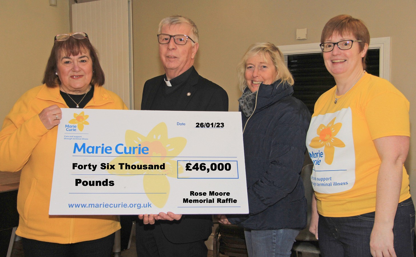 The Rose Moore Memorial Raffle has raised a tremendous £46,000 for Marie Curie. Renate Kyle, left, chairperson, Armagh Marie Curie Fundraising Group, received the cheque from organiser Father Sean Moore; Hylda Mills, chairperson, NI Aberdeen Angus Club; and Bernie McBride. Picture: Julie Hazelton