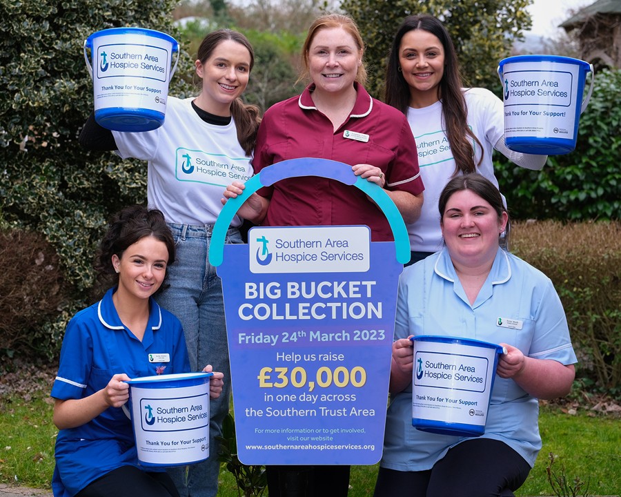 Hospice staff are pictured launching their ‘Big Bucket Collection’ which will take place on Friday 24th March throughout the Southern Health Trust area. 