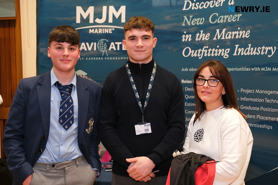 Jack McElherron, centre, apprentice with MJM Marine pictured with Hannah and Ruairi McAteer, Ballyholland on the MJM stand at the SRC Big Apprenticeship Event at, Southern Regional College in Newry. Photograph: Columba O'Hare/ Newry.ie 