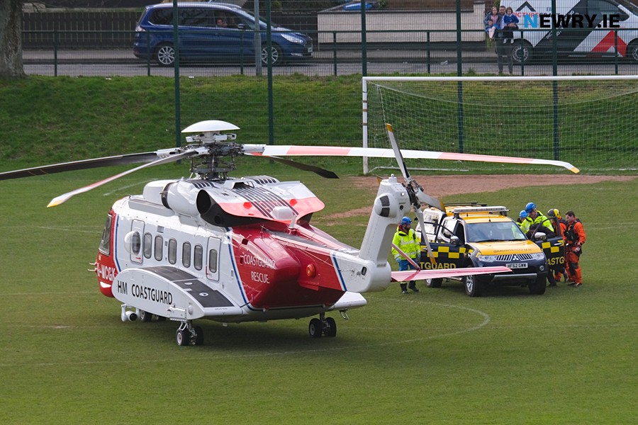 Rescue 936 lands at The Meadow in Newry. Photograph: Columba O'Hare/ Newry.ie 