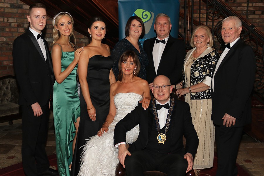 Newry, Mourne and Down District Council Chairperson, Councillor Michael Savage pictured with his wife Noreen and Back Row (l-R) children Caolan, Ella and Tara, brother Aidan Savage and his wife Teresa and parents Brenda and Pat Savage.