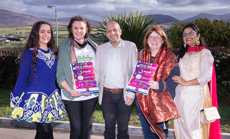 Looking forward to the Holi celebration in Hilltown are from left: Mollie Cummins, Irish Dancer; Kathy Black, Eden Community Network Developer NI, Sanjay Ghosh; Martina Byrne and Dibya Basu, Indian Dancer.