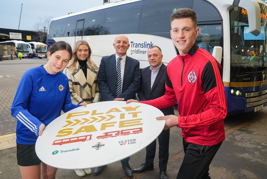Pictured launching the new safety campaign are Anna, young IFA player, Regan McFarland, Marketing & Commercial Partnerships Officer at the Irish FA, Translink’s Director of Service Operations Ian Campbell, Michael McArdle, Public Relations Officer with Ulster GAA and young UGAA player Séan Og.