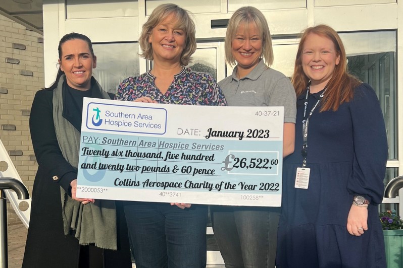 Collins Aerospace in Kilkeel has raised over £26k for its 2022 charity of the year, Southern Area Hospice Services. Pictured from left is Laura Rowntree, Fundraising Officer at SAHS, with Michele Mulholland, Louise Clarke and Joy Cousins from Collins Aerospace.
