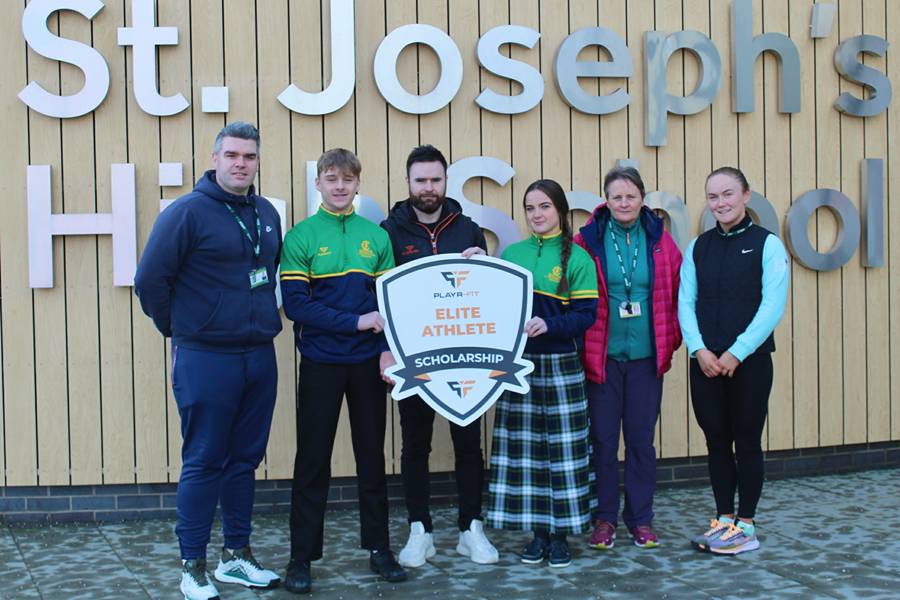 Pictured making the announcement are from left: Joby Burke (St Joseph's PE Department), Lewis Bellew (Pupil), Brendan Connolly (Playr-fit), Siofra McCreesh (Pupil), Aileen McCarron (PE Department), Louise Kenny (PE Department)