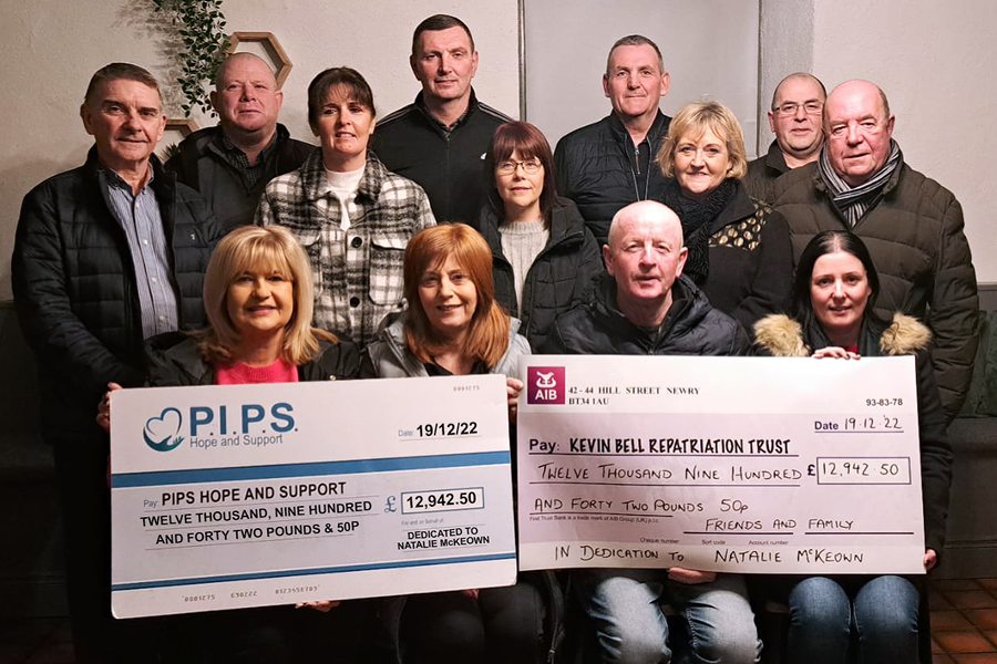 Family and friends of Natalie McKeown present cheques to Seamus McCabe, PIPS Hope and Support and Colin Bell, Kevin Bell Repatriation Trust.