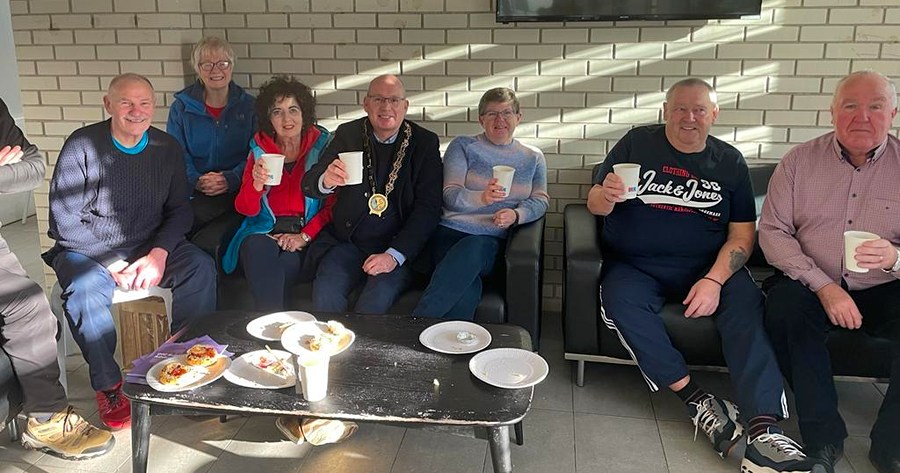 NMDDC Chairperson, Councillor Michael Savage visited the Open House session in Newry Leisure Centre and enjoyed a cup of tea and a chat with L-R Tony Bagnal, Bernadette Boyle, Therese Cunningham, Cathy Nolan, Jurgen Weitze and Seamus Doyle.