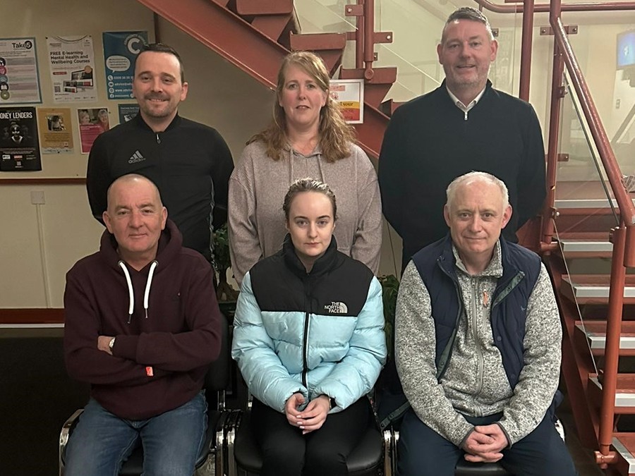 Ballybot Community Association’s committee at the launch of their Linking Generations project. Front Row L to R:  Malachy Maguire (Chairperson), Cliodhna Malone (Secretary), Ronnie Poucher (Committee Member). Back Row L to R:  Martin Cranney (Treasurer), Caroline Finnegan (Committee Member), John Hogan (Committee Member). 