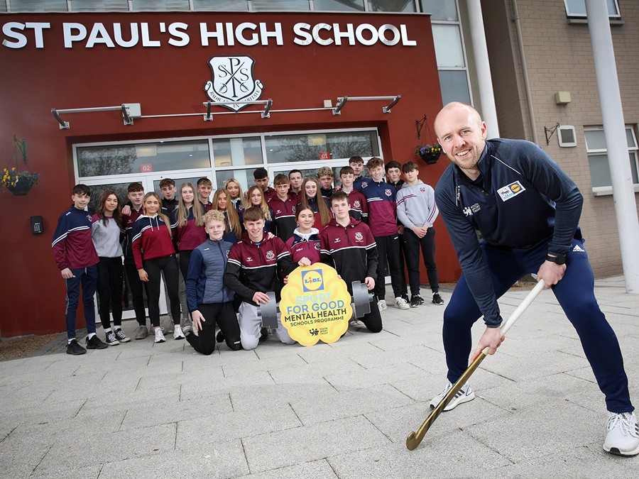 Pictured with students from St Paul’s High School in Bessbrook is Olympian and men’s field hockey international, Eugene Magee.