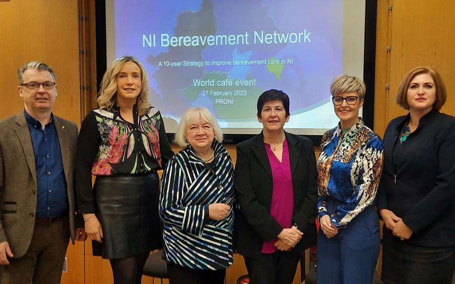 Patricia Donnelly Chair Bereavement Network NI with Trust Bereavement Coordinators / CMO Prof Sir, Michael Mc Bride, Patricia Donnelly, Chair of Bereavement Network NI, DoH Permanent Secretary, Peter May