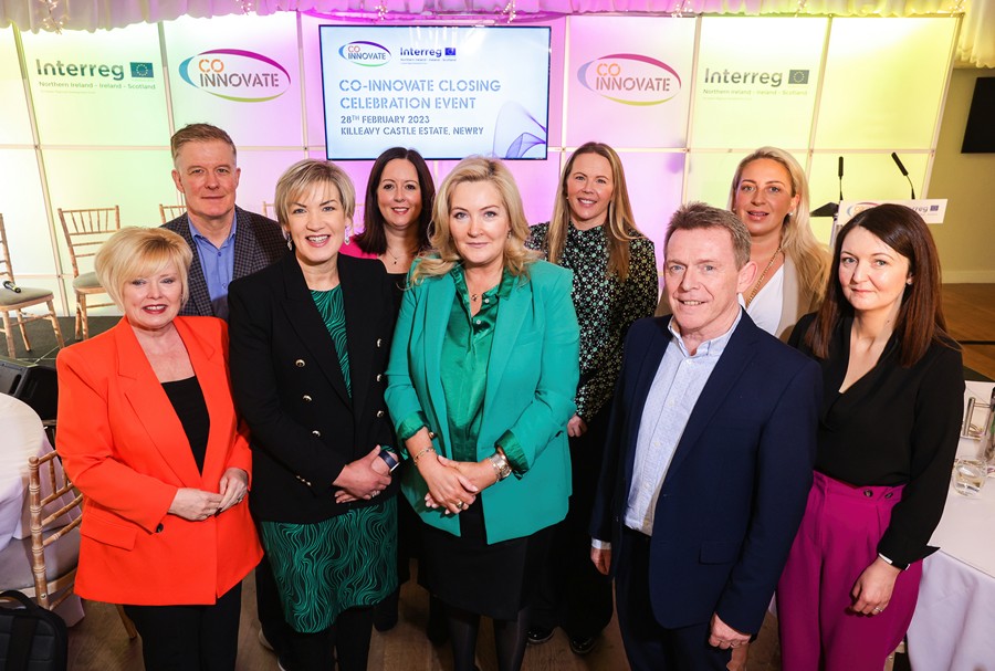 Representatives of partner agency representatives from across Northern Ireland, Ireland and Scotland. Included front from left: Pamela Arthurs, Chief Executive, East Border Region; Margaret Hearty, Chief Executive, InterTradeIreland; Gina McIntyre, Chief Executive, SEUPB; Michael McQuillan, CEO Enterprise Northern Ireland; Janice Findlay, Co-Innovate Programme Manager Highlands and Islands Enterprise. Back: Conor Patterson, Chief Executive, Newry and Mourne Enterprise Agency; Alison Currie Director of Innovation and Entrepreneurship at InterTradeIreland; Alison Tennant, Project Manager at Scottish Enterprise and  Stacey Neville, Co-Innovate Programme Manager, Scottish Enterprise.