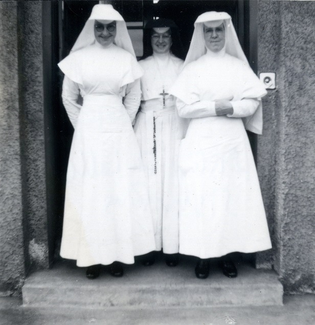 Sister de Lallis (centre), who was Matron, with Sister Isadore and Sister Pius of the Order of St John of God at Daisy Hill Hospital c.1950. Sister Isadore looked after Rosaleen Cole during her second stay in hospital.