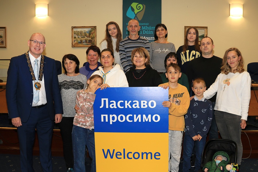 Newry, Mourne and Down District Council Chairperson, Councillor Michael Savage welcomes Ukrainian families to Council Offices, Monaghan Row.