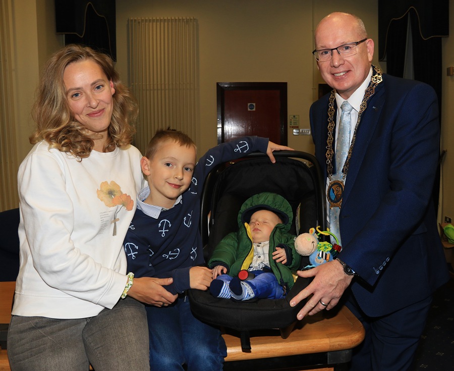 Newry, Mourne and Down District Council Chairperson, Councillor Michael Savage pictured with Liliia Konovalchuk, Tymur and Baby Aaron who was the first Ukraine Baby born in Daisy Hill Hospital.      