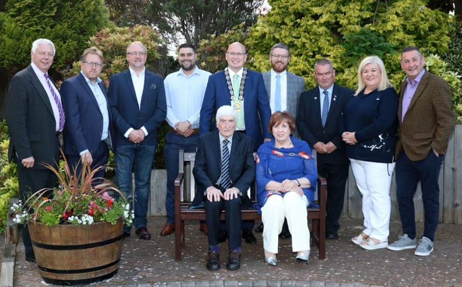 Newry, Mourne and Down District Council Chairperson Cllr Michael Savage pictured with (Front Row) retired Councillor Dermot Curran and his wife Karen. Back Row (L to R) Andrew Cassels, Director of Sustainability and Environment Newry Mourne and Down District Council and Josephine Kelly, Director Corporate Services, Newry Mourne and Down District Council.