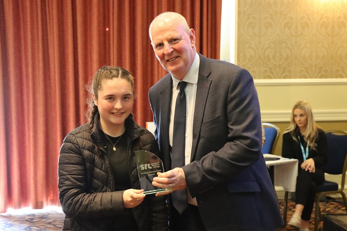 Ellen McCartney from Newry alongside Brian Doran, SRC Chief Executive. Ellen received a student recognition award for representing the NI Ladies Under 17s Soccer Team at the European Qualifiers in Turkey.