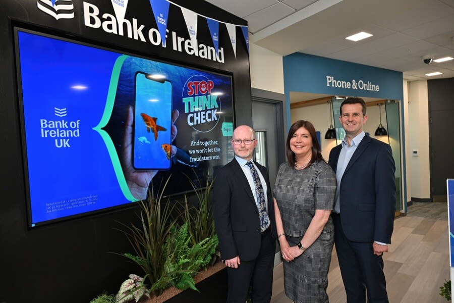 Getting ready for the fraud awareness events are from left: Colin Pearson, Branch Manager, Bangor; Allison Ewing, Fraud Customer Experience Manager and William Thompson, Head of Consumer Banking NI.