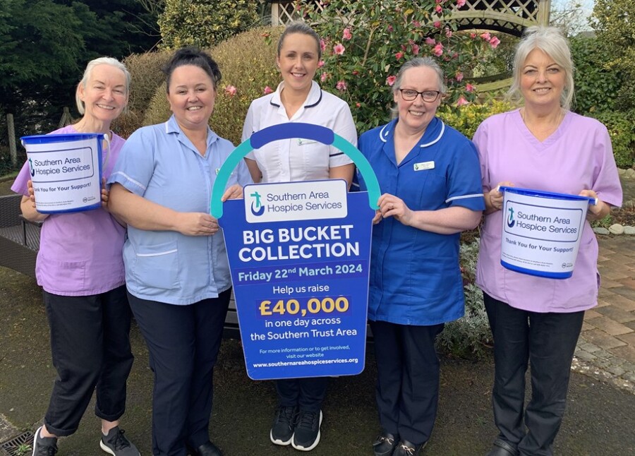 Southern Area Hospice staff are pictured launching the ‘Big Bucket Collection’ which will take place on Friday  22 March throughout the Southern Trust area.  