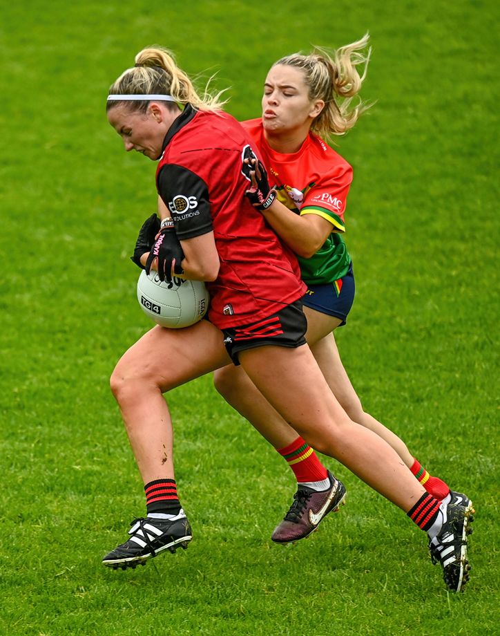 Aoife Brogan of Down in action against Amalita O Donoghue of Carlow during the TG4 LGFA All-Ireland Junior Championship semi-final match between Down and Carlow at Parnell Park in Dublin. Photograph: Eóin Noonan/Sportsfile