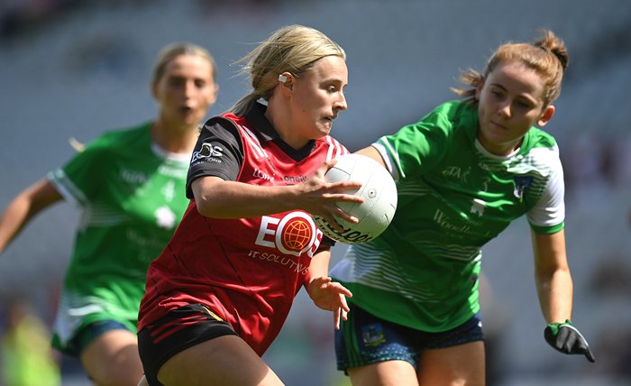 Orla Swail of Down in action against Yvonne Lee of Limerick during the 2023 TG4 All-Ireland Ladies Junior Football Championship Final match between Down and Limerick. Photograph: Seb Daly/Sportsfile