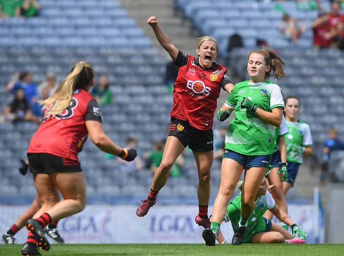 Orla Swail of Down celebrates after scoring her side's first goal during the 2023 TG4 All-Ireland Ladies Junior Football Championship Final. Photograph: John Sheridan/Sportsfile