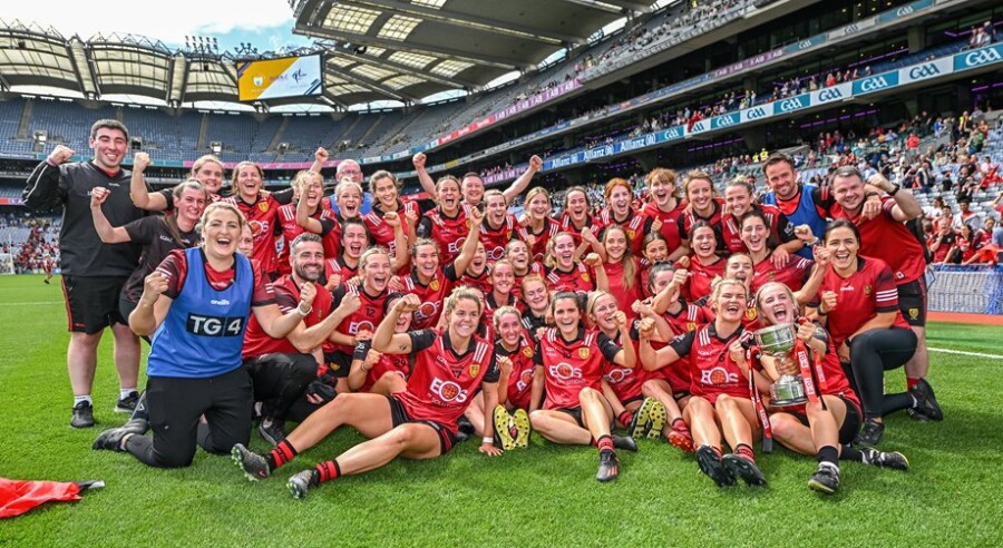 Down players celebrate after their side's victory over Limerick in the 2023 TG4 All-Ireland Ladies Junior Football Championship Final at Croke Park. Photograph:  Seb Daly/Sportsfile