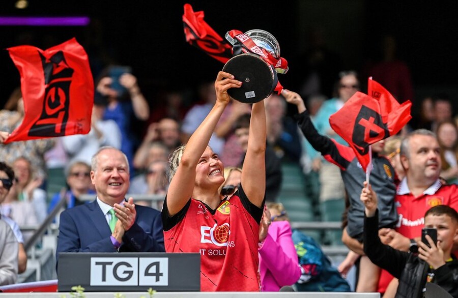 Down captain Meghan Doherty lifts the West County Hotel Cup after the 2023 TG4 All-Ireland Ladies Junior Football Championship Final match between Down and Limerick at Croke Park. Photograph: Seb Daly/Sportsfile