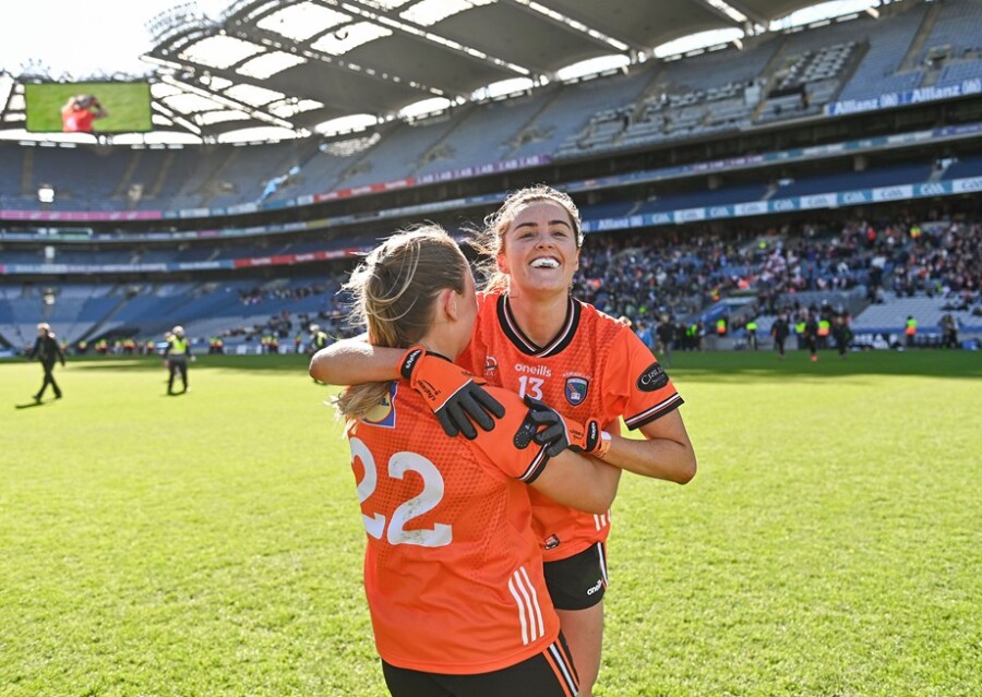 Armagh players Aimee Mackin, right, and Louise Kenny celebrate after their side's victory in the Lidl LGFA National League Division 1 final match between Armagh and Kerry at Croke Park in Dublin. Photograph: Piaras Ó Mídheach/Sportsfile