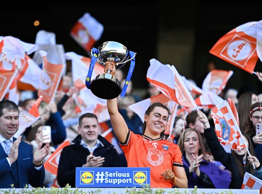 Armagh captain Clodagh McCambridge lifts the cup after the Lidl LGFA National League Division 1 final match between Armagh and Kerry at Croke Park in Dublin. Photo by Stephen Marken/Sportsfile