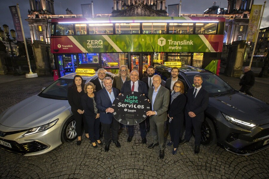 Launching Translink's Late Night Services are David Curry, General Manager at Translink (centre) joined by (L-R)  Martina Connolly, CEO of Belfast One; Mary Jo McCanny from Visit Belfast; Damien Corr, Manager of Cathedral Quarter Bid; Christopher McCausland from Valuecab; Michael Stewart, Belfast Night Czar; Joel Neill, Operations Director, Hospitality Ulster; William McCausland, fonaCAB Managing Director; Cllr Sam Nelson, Chair of Belfast City Council's City Growth and Regeneration Committee;  Lisa Comerton, Belfast Chamber and McCracken, Managing Director of Linen Quarter Bid, 