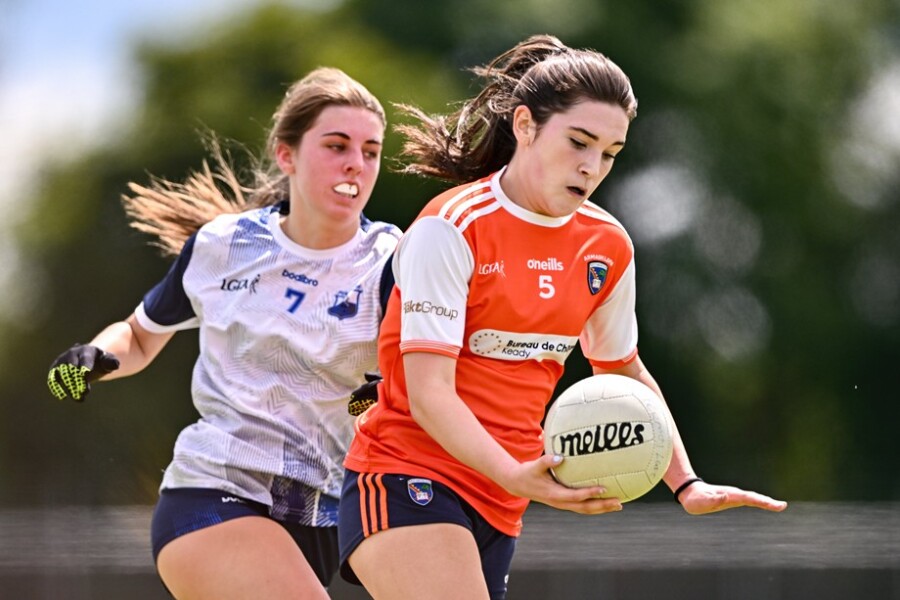  Action during the LGFA All-Ireland U16 B Championship final match between Armagh and Waterford at Kinnegad GAA in Westmeath. Photograph: Ben McShane/Sportsfile