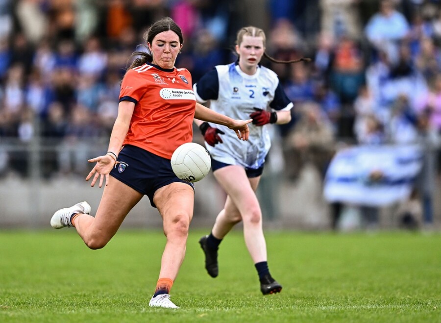 Eimear McGeown of Armagh in action against Róisín Power of Waterford during the ZuCar All-Ireland Ladies Football U-18 Championship C final match between Armagh and Waterford at Kinnegad GAA in Westmeath. Photograph: Piaras Ó Mídheach/Sportsfile