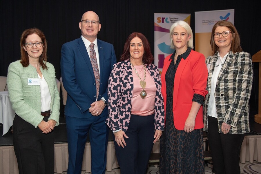 Kytrina Mullan, Skills and Employability Officer at NMDDC, Michael Savage, CEO of Newry Chamber, Edwina Flynn, President of Newry Chamber, Patricia McPolin, NMD Labour Market Partnership (LMP) and Aveen McVeigh at Head of Regeneration and Business Development at NMDDC at the event in the Canal Court Hotel.