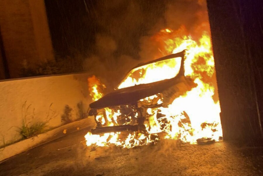  The car in flames in the early hours of this morning.