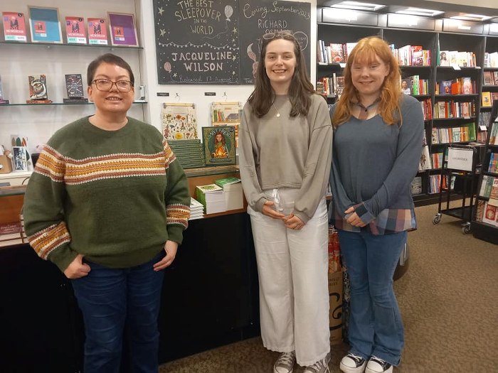 Lorraine with Sarah and Fiona at Waterstones store in Newry.