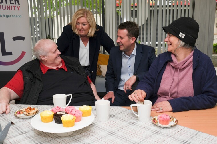 Pictured (L-R): Gerard Larkin, friend of Bolster Community; Jacinta Linden, Bolster Community CEO; William Thompson, Head of Consumer Banking, BOI UK and Cova Salazar, friend of Bolster Community. Photograph: Columba O'Hare/ Newry.ie