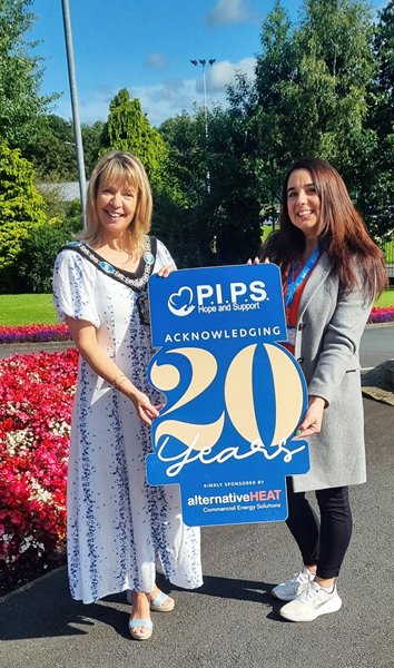 Lord Mayor, Cllr Margaret Tinsley, Armagh, Banbridge and Craigavon Borough Council pictured with PIPS Hope and Supports Laura McGuigan highlighting ABC Councils support for the upcoming 20th anniversary gala ball.