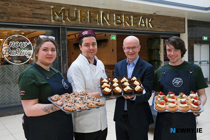 Pictured at the opening of the new Buttercrane Muffin Break store are from left: Valerie Mosane; Scott Nicholas, Head Baker; Peter Murray, Buttercrane Manager and Conor McMillan. Photograph: Columba O'Hare/ Newry.ie