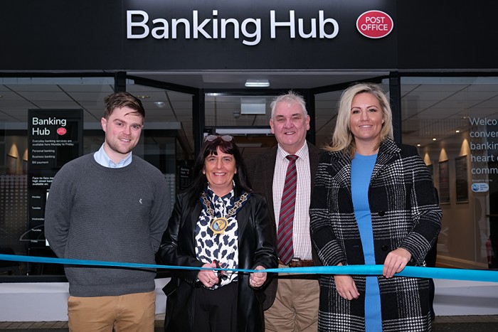 Public representatives at the official opening of the Kilkeel Banking Hub. Included from left are Councillor Michael Rice, Councillor Valerie Harte, Chairperson and Councillor Henry Reilly, Newry, Mourne and Down District Council and Diane Forsythe, South Down MLA. Photograph: Columba O'Hare/ Newry.ie