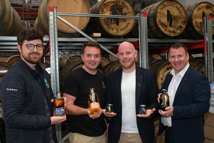 Pictured at the Newry Chamber of Commerce and Trade visit to Two Stacks Whiskey in Newry. From left: Jarlath Meehan, Newry Chamber; Liam Brogan and Shane McCarthy, Two Stacks Whiskey and Tony McKeown, CEO, Newry Chamber of Commerce. Photograph: Columba O'Hare/ Newry.ie