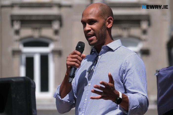 Newry GP Dr. Tayo speaking at the Rally. Photograph: Columba O'Hare/ Newry.ie