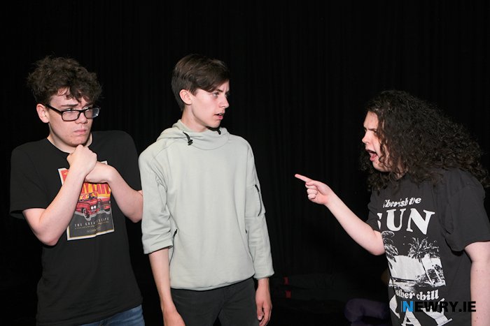 Ben Browne, Liam McEvoy and Aoife McKay practice their lines at the Newpoint Summer School.