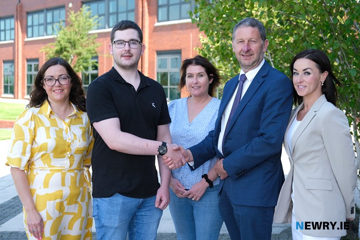 The Principal Mr Sean Sloan, Ms O’Hare, Head of Senior School and Mrs K Doherty, Upper Sixth Year Tutor, congratulate the Abbey Grammar School top achiever Michael Hearty, along with mum Marissa. Michael achieved a fantastic 3 A*/ 1 A grades in his A-Level examinations at the Abbey.