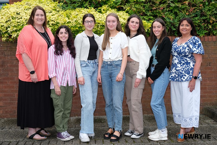 Our Lady’s Principal, Mrs Fiona McAlinden and Vice-Principal Ms Katrina Murphy are pictured with, from left: Morrigan McEvoy, Aisling O’Callaghan, Katie Murphy Treanor, Sarah Malcomson Doyle and Tara Murray. Each achieved 3 A* grades at A Level. Mia Fraser and Ellen Shields are missing from the photograph. Photograph: Columba O'Hare/ Newry.ie