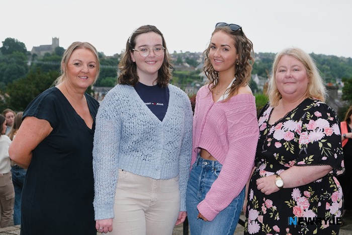Head of Sixth Form Mrs Sinead McLaughlin and Year Head Mrs Cathy Mulholland-Shields are pictured with Aisling McKeown and Niamh Sands who each achieved 4 A grades at A Level.